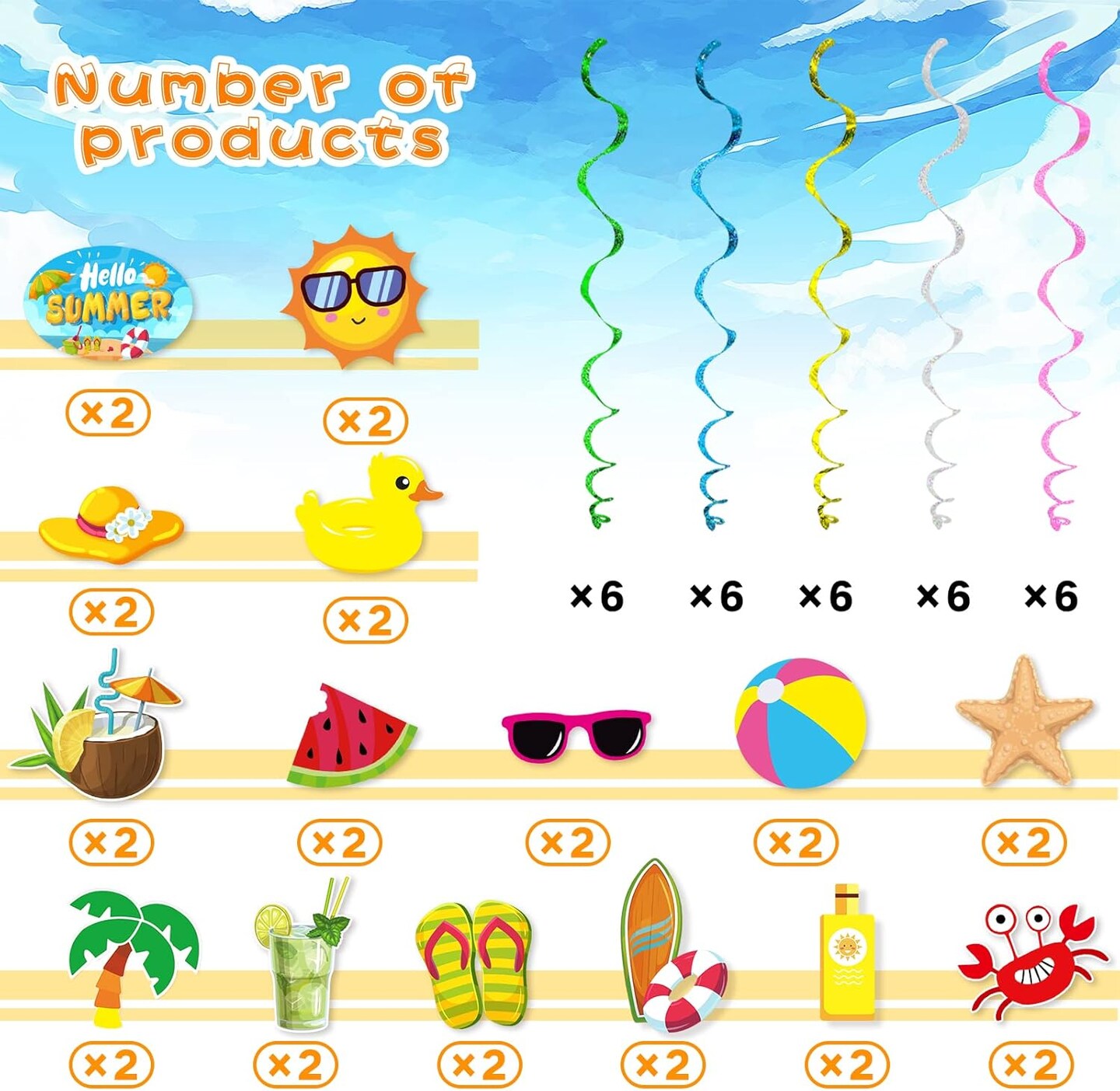 Summer Pool Beach Hanging Swirls Banner Decor 30 Pack Foil Ceiling Hanging Swirls Streams Banner Decorations Garland for Kids Luau Hawaii Celebrating Events Birthday Party Supplies Room Wall Decor