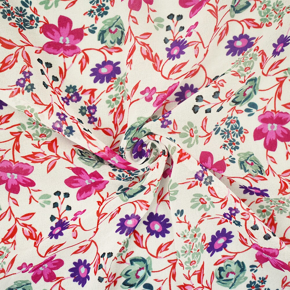 Ivory-Pink-Multi Floral Printed Poly Chiffon Woven Fabric By the Yard