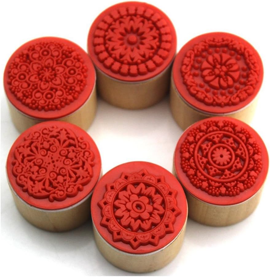 6 Pieces Floral Pattern Round Wooden Rubber Stamp for Scrapbooking