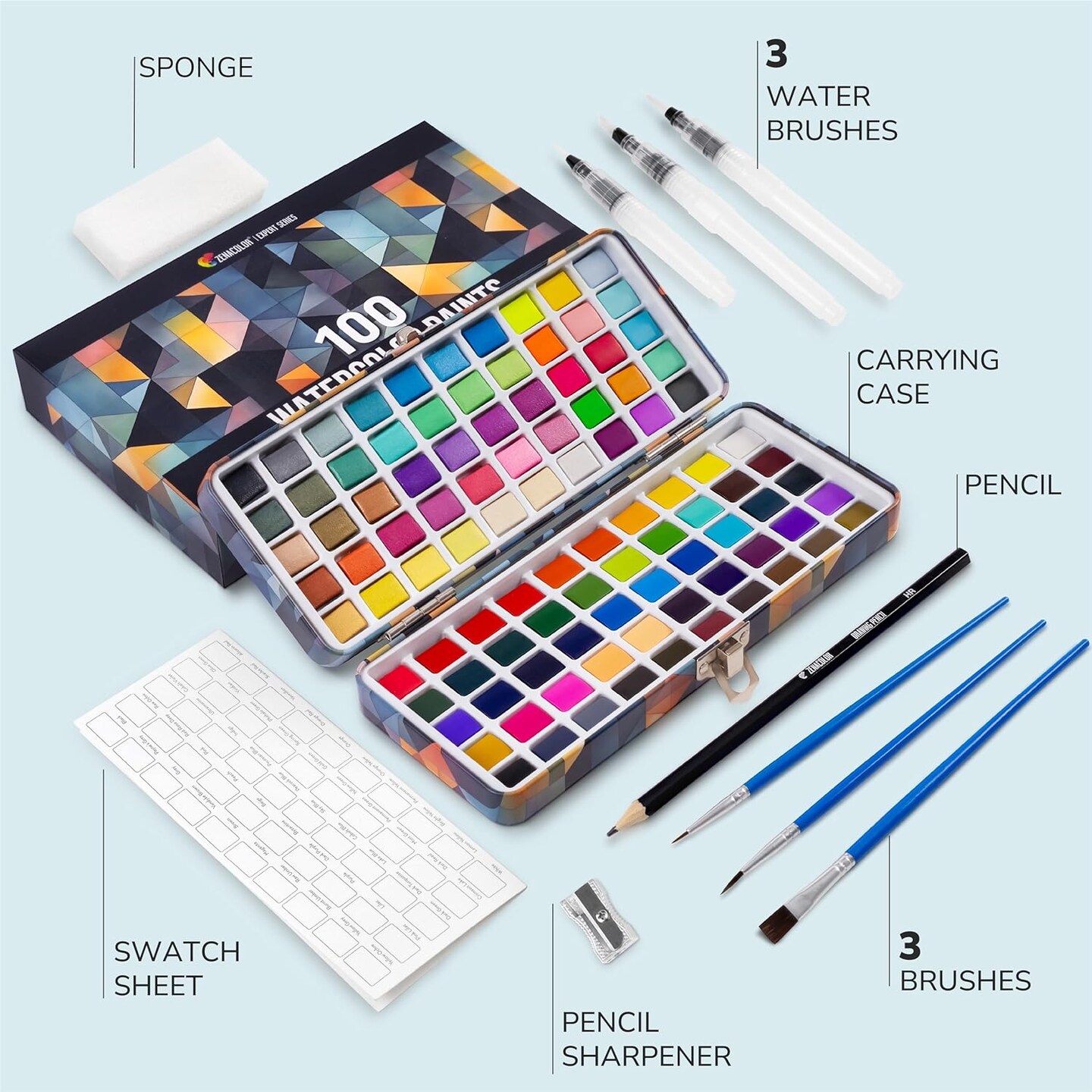 Watercolor Paint Set with 100 Colors - Water Color Pallet Adult &#x26; Kids with 3 Brush Pens - Vibrant, Neon, Pastel &#x26; Metallic Watercolor Paint