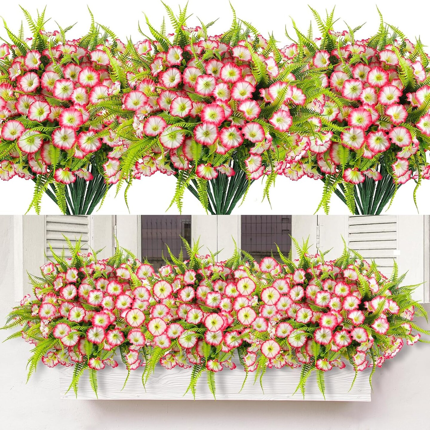 Spring Artificial Flowers Outdoors 12 Bundles Pink Artificial Petunias Fake Flowers UV Resistant Shrubs Plants with Fern for Indoor Outside Hanging Planters Home Garden Summer Decorations