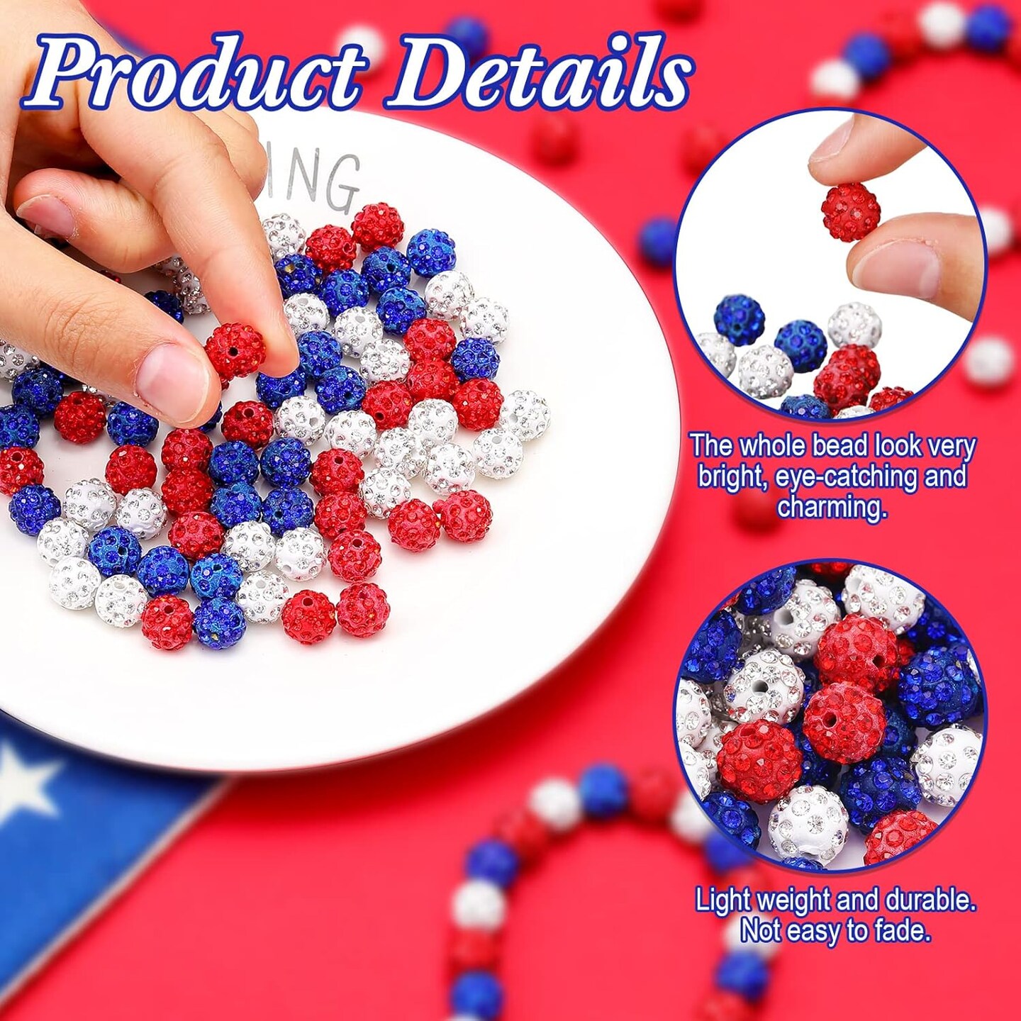 270 Pcs 4th of July Rhinestones Clay Beads 10 mm Red White and Blue Patriotic Disco Ball Beads Polymer Round Crystal for Independence Day DIY Necklace Bracelet Jewelry Making