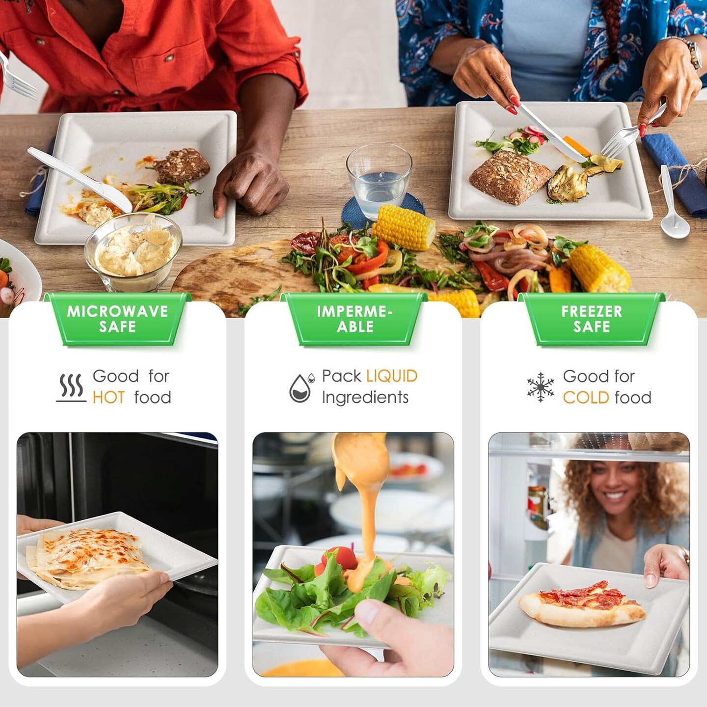 300-piece compostable paper plates set, featuring 10-inch eco-friendly white square plates made from sugarcane pulp. This set includes biodegradable napkins and heavy-duty disposable utensils, perfect for parties and events, offering a sustainable an