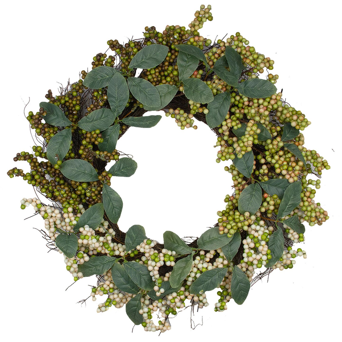 Berries and Leaves Twig Artificial Wreath Green Mini Berry 24 Inch