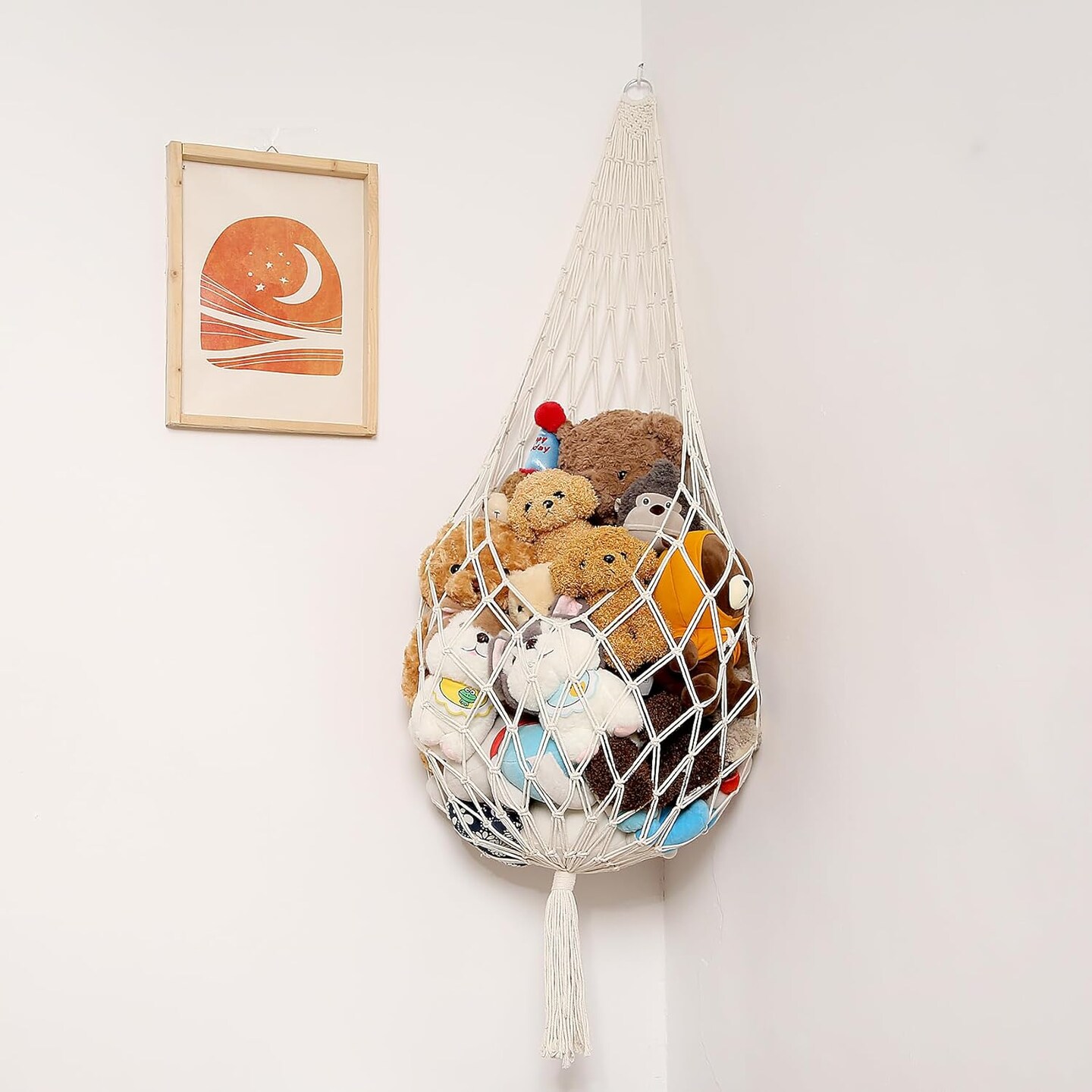 Stuffed Animal Storage Hammock – 60" L Corner Hanging Macramé Organizer, Plush Toy Holder for Kids’ Bedroom, Nursery, or Playroom, Boho Wall Décor, Cream