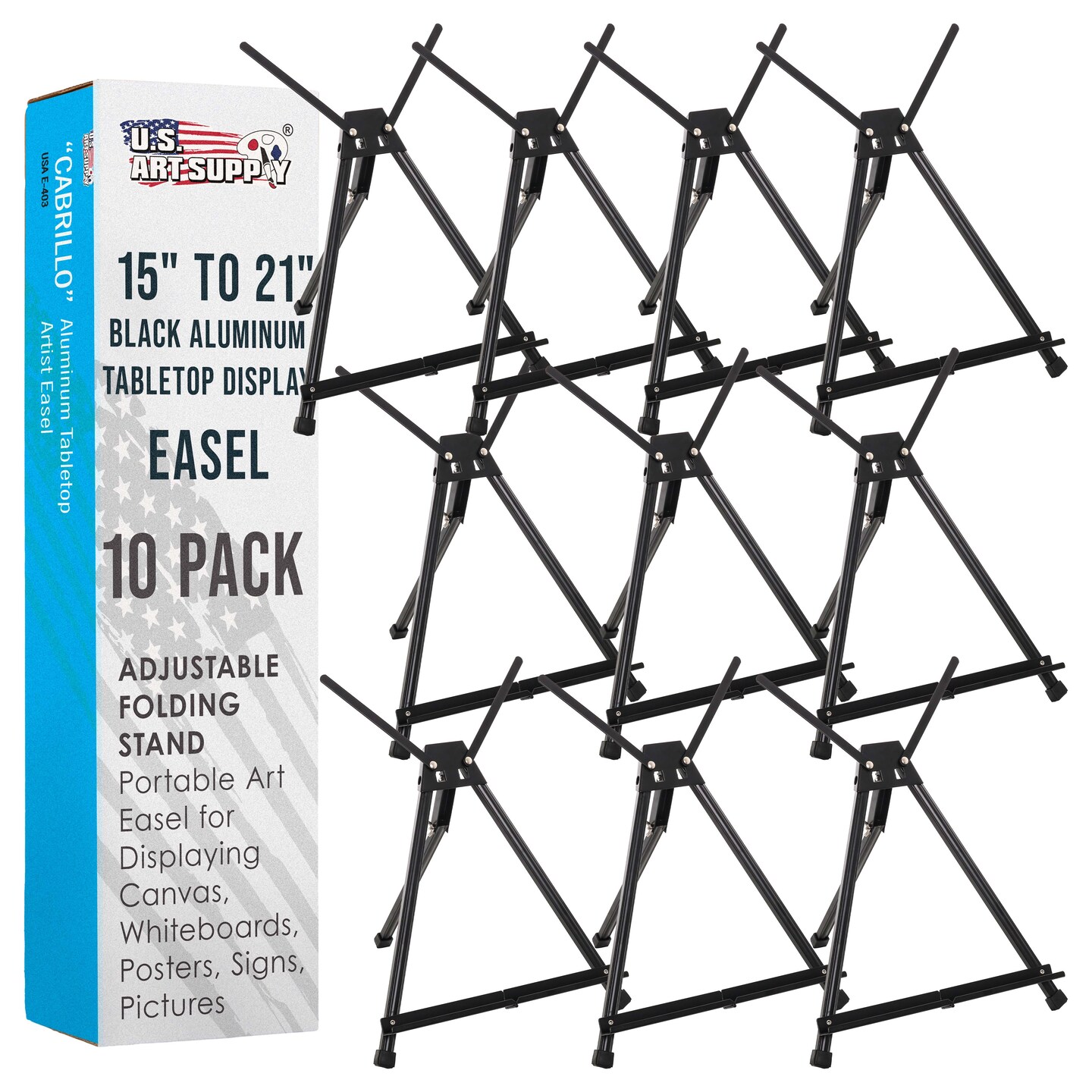 Tabletop Easel for Painting - 15&#x22; to 21&#x22; Adjustable Metal Stand - Portable Art Easels (Pack of 10) for Display - Canvas, Whiteboards, Posters, Signs, Drawings &#x26; More