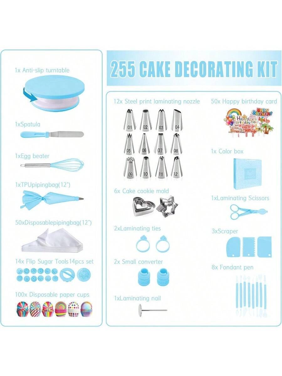 New Cake Decorating Supplies Kit Tools 255pcs, Cake Decorating Set with Cake Turntable