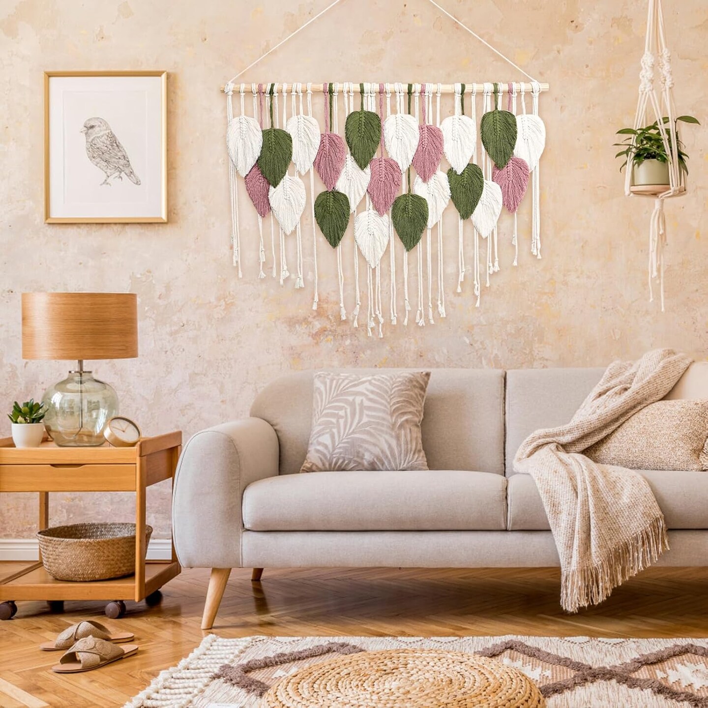 Macrame Wall Hanging - Boho Wall Decor in Beige, Old Pink &#x26; Green - Chic Woven Leaf Leaves Bohemian Hangings