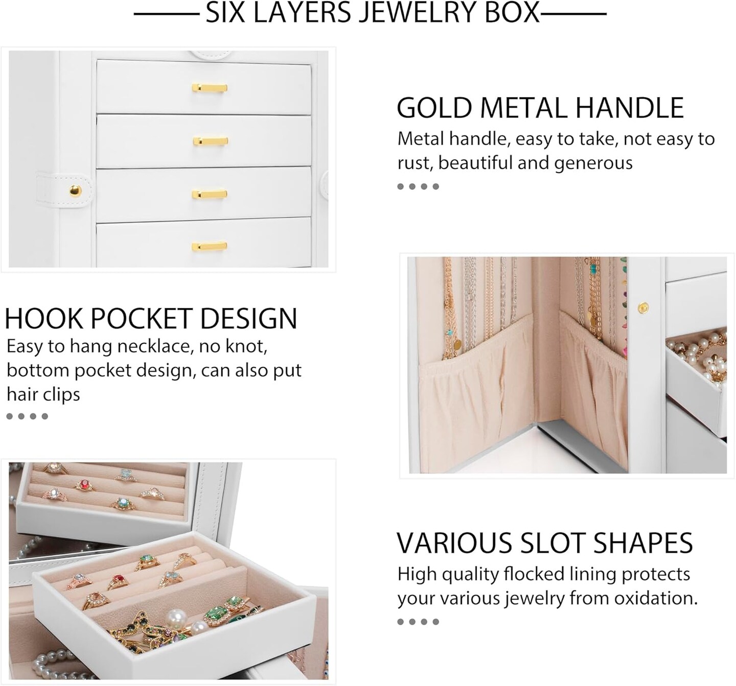 Functional 6-Tier Jewelry Box Organizer with 5 Drawers Leather Jewelry Storage Case for Women Girls Ring Necklace Earring Bracelet Holder Organizer with Mirror White