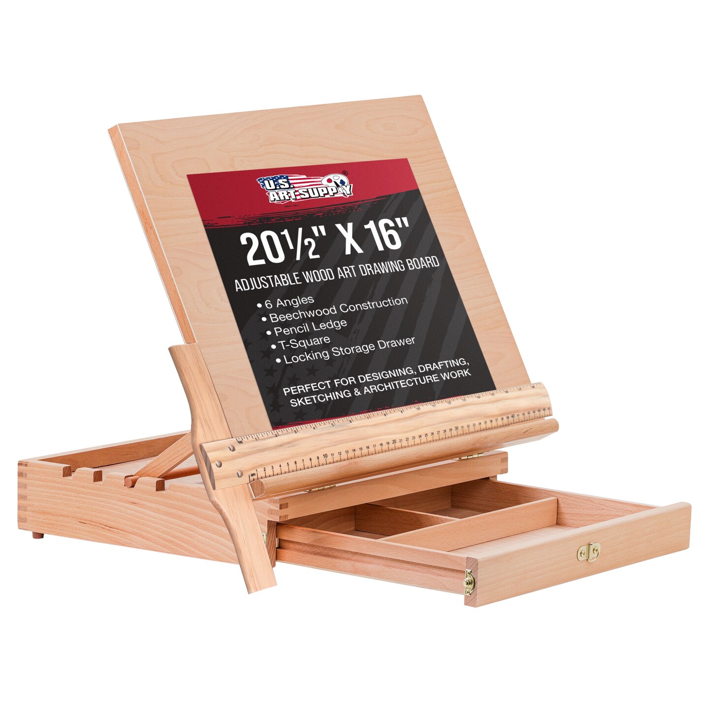 Large 20-1/2&#x22; x 16&#x22; Adjustable Wood Art Drawing Board - 5 Angles, Beechwood Construction, Pencil Ledge, T-Square, Locking Storage Drawer - Ideal for Design, Drafting &#x26; Architecture