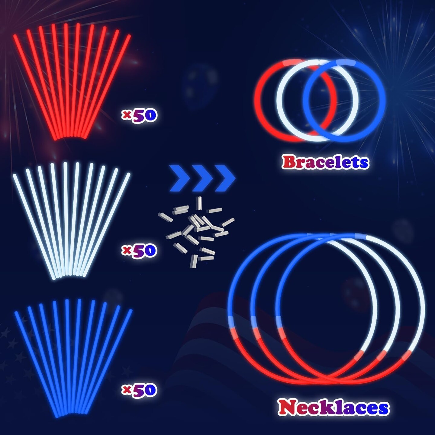 4th of July Red White Blue Glow Sticks Party Favors Supplies 150 PCS,Light Up Bracelets Necklaces Accessories Decorations for Kids