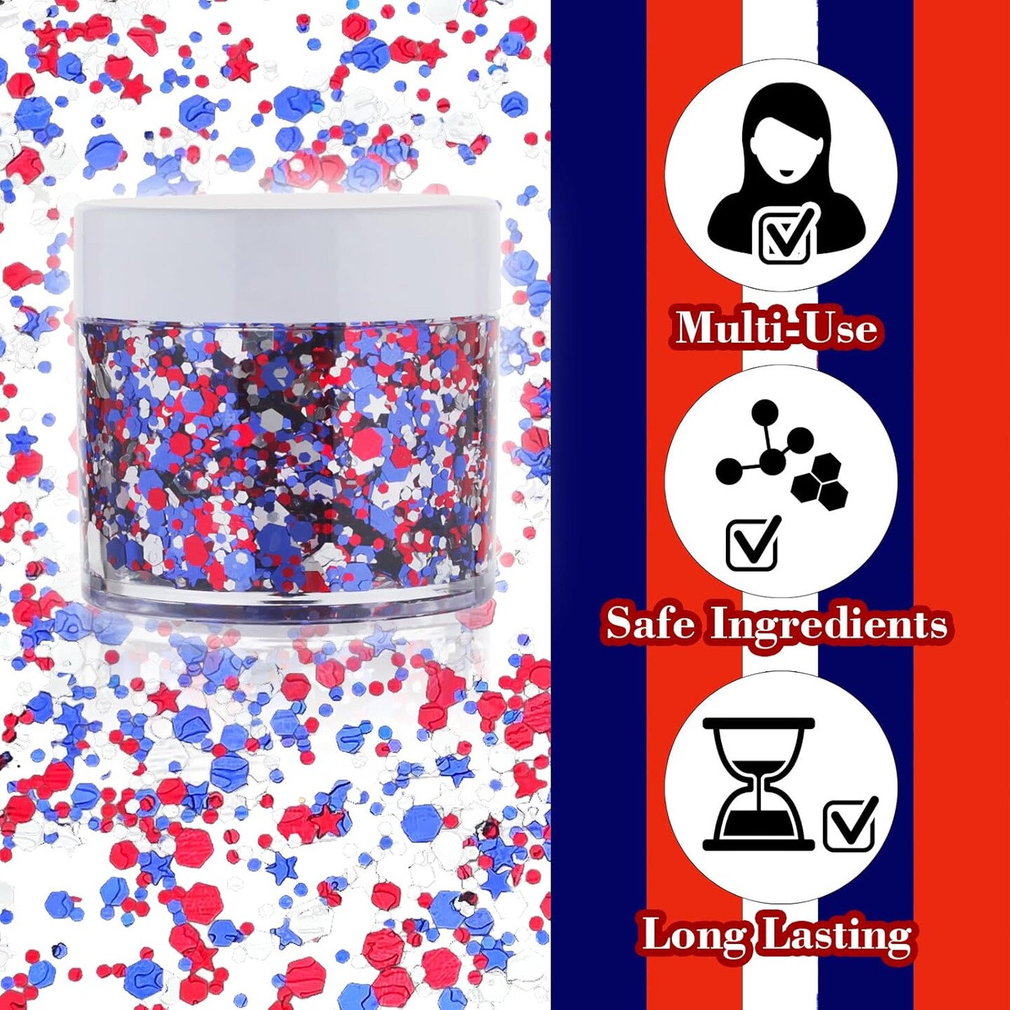 Red White Blue USA Flag Face Glitter,4th of July Accessories Independent Day Sparkle Body Glitter Face Paint,Fourth of July Outfits for Women,Festival Glitter Celebrations Holographic Makeup