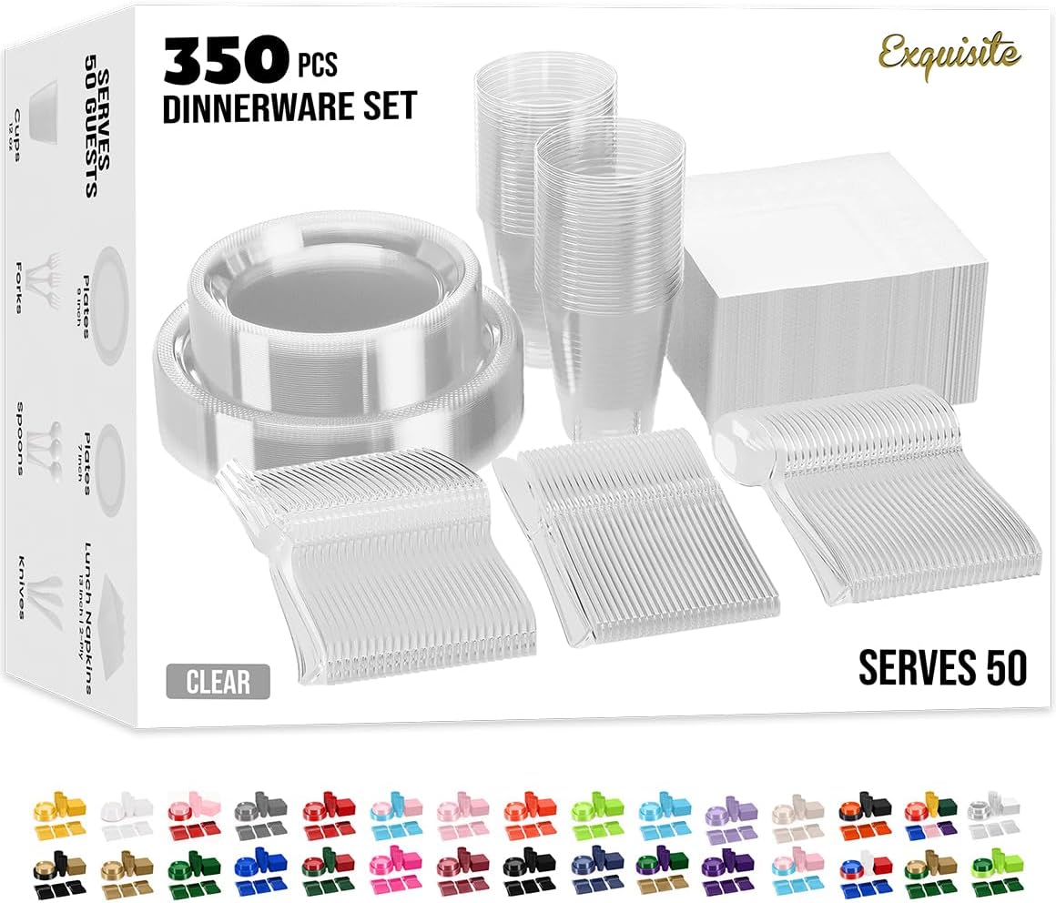 350 Pcs Clear Plastic Plates For Party, Clear Disposable Plates Set, 50 Of Each 9&#x22; Dinner Plate Set, 7&#x22; Dessert Plate, Cups, Napkins &#x26; Cutlery Plastic Dinnerware Exquisite