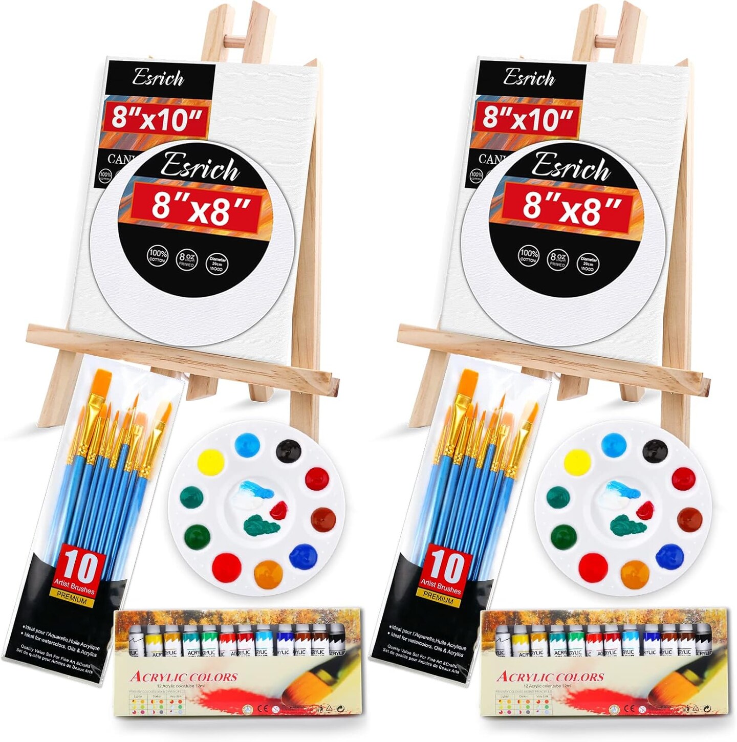 Acrylic Paint Canvas Set,52 Piece Professional Painting Supplies Kit with 2 Wood Easel,2 * 12Colors,2 * 10 Brushes,Circular Canvas Etc,Premium Paint Kit for Kids,Students, Artists and Beginner