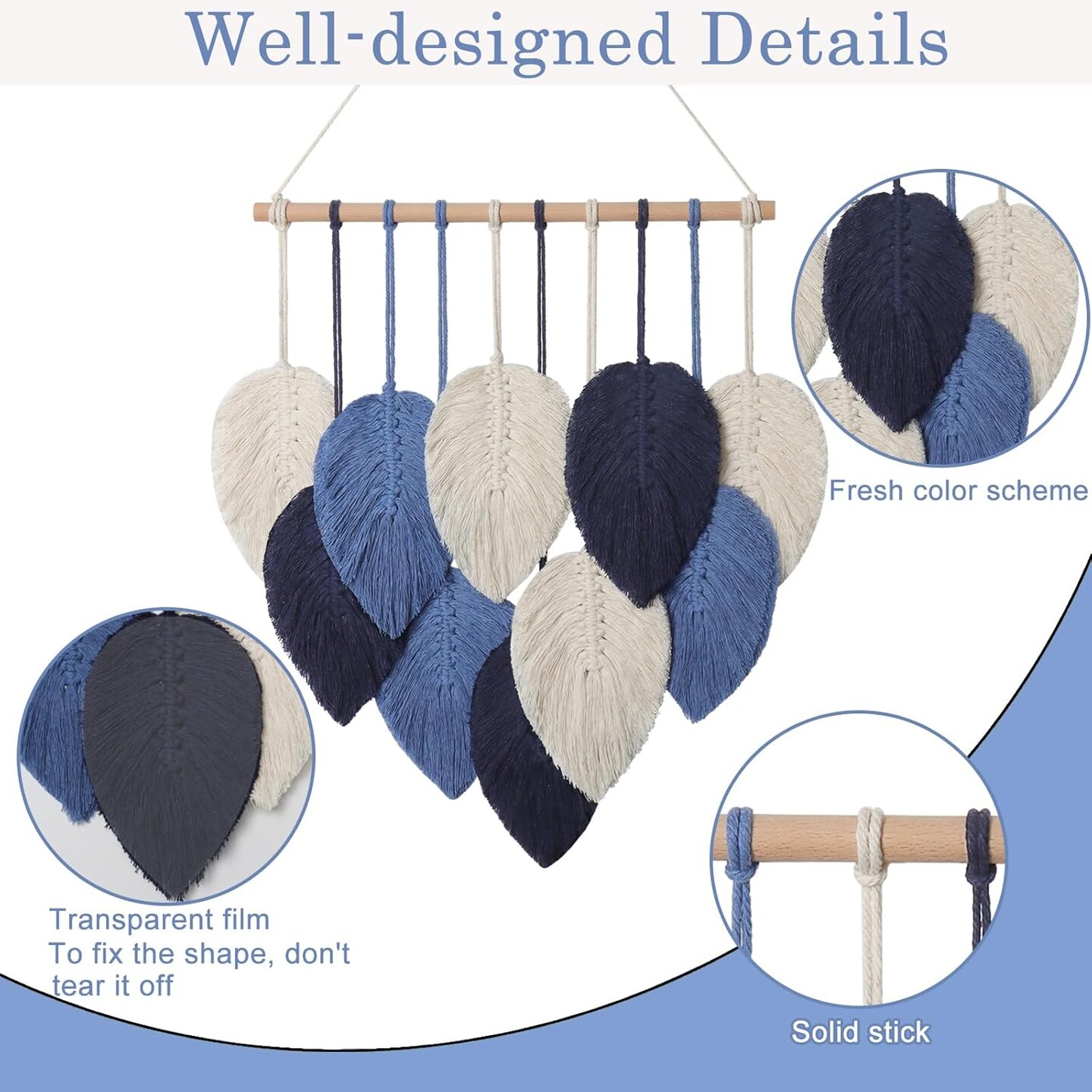 Macramé Wall Hanging – Navy Blue Woven Leaf Tapestry with Tassels, Handmade Cotton Boho Feather Wall Art for Apartment, Bedroom, or Modern Bohemian Room Décor Backdrop
