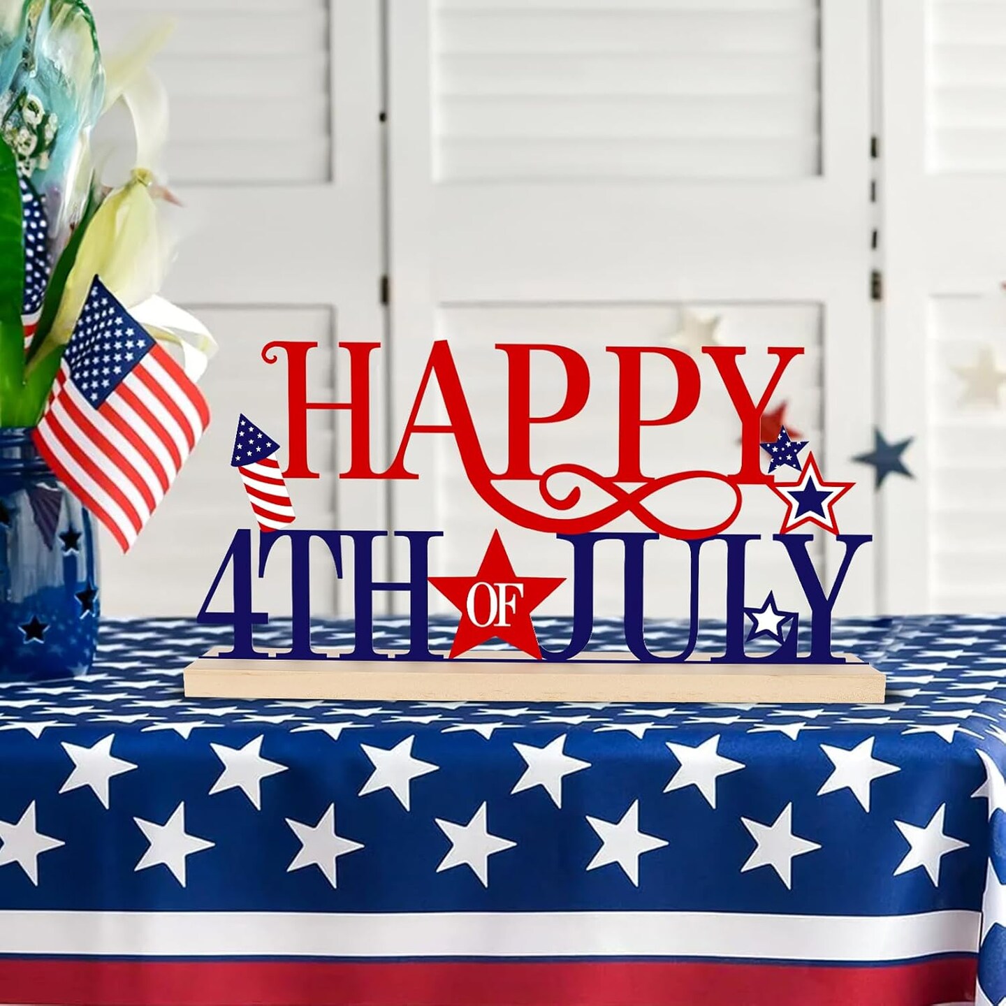 Metal Happy 4th of July Sign, Red Blue and White Decorations for Home, Office, Shelf, Mantel, Indoor, Fouth of July Decoration, Patriotic Star Tabletop Decor (Independence Day)