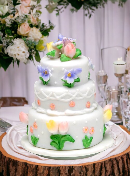 Ceramic Wedding Cake with Tulip Flowers Jewelry Box, Wedding D&#xE9;cor or Gift, Anniversary D&#xE9;cor or Gift, Home D&#xE9;cor, Vanity Decor