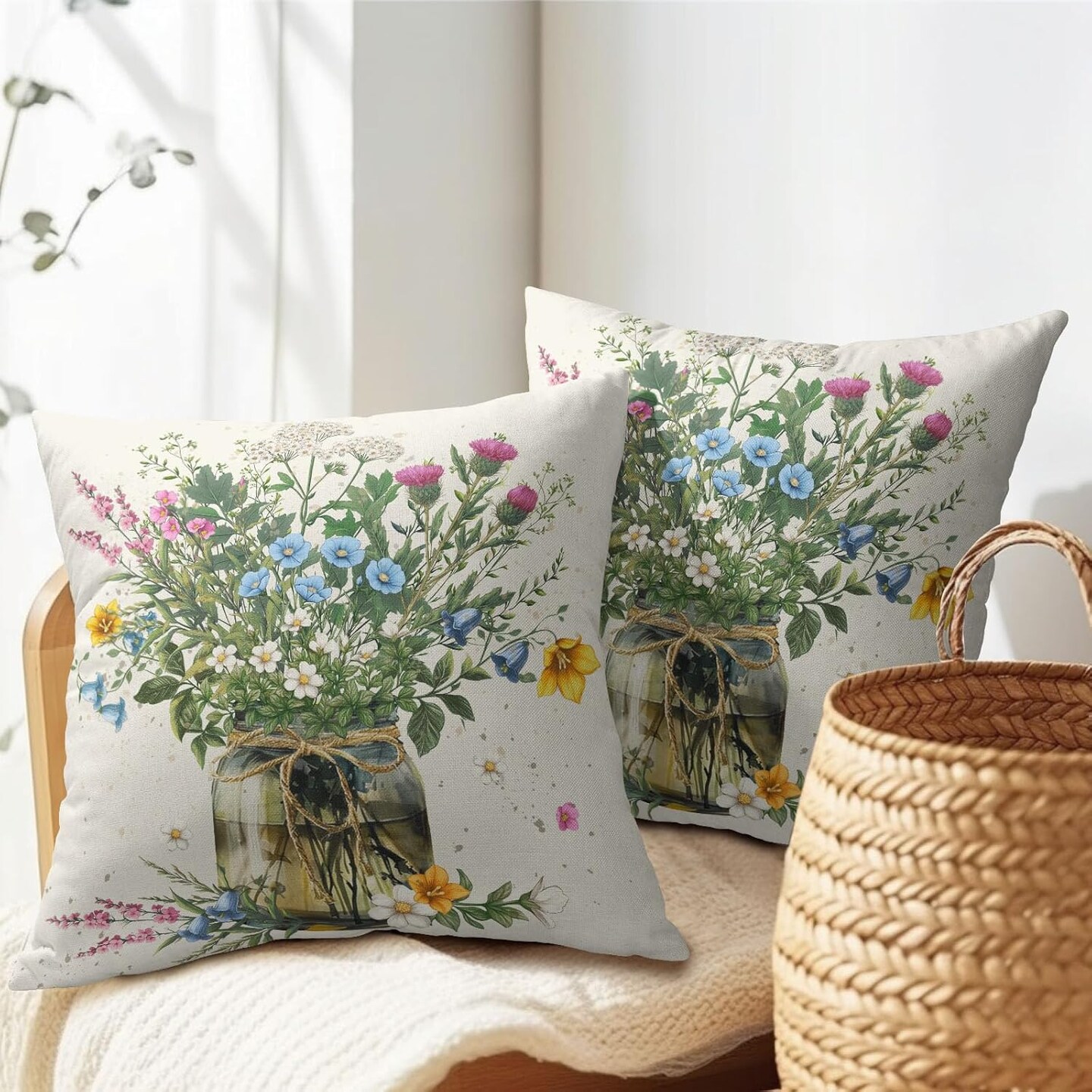 Spring Wildflower Throw Pillow Covers 18X18 Inches Set of 2 Multi Colored Daisy Flowers Mason Jar Pillowcase Soft Cotton Linen Square Spring Cushion Covers for Home Sofa Patio Bedroom