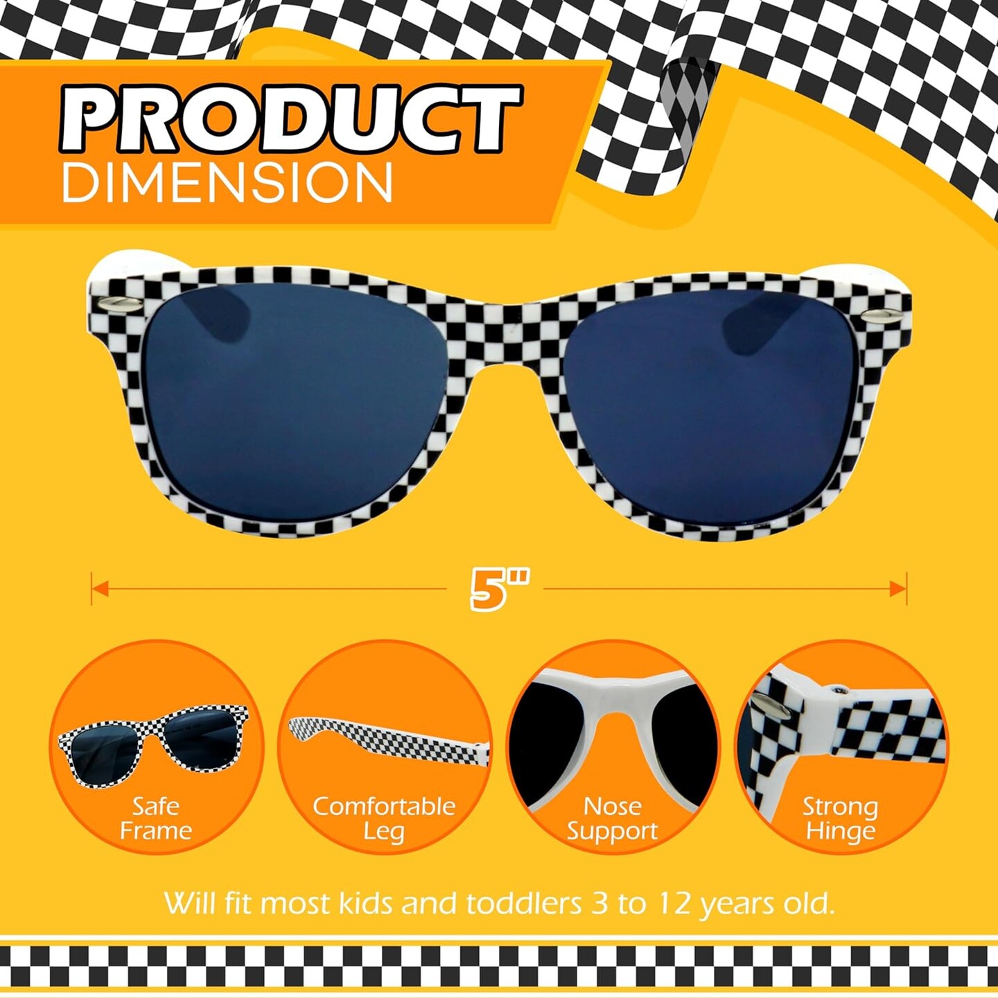 4E&#x27;s Novelty 6 Pack Kids Race Car Checkered Sunglasses Bulk with UV400 Protection - Ideal for Race Car Theme Birthday Decor