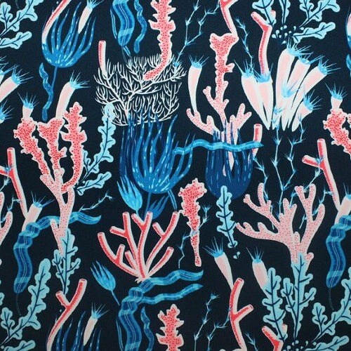 Coral Reef on Navy Printed Spandex Fabric