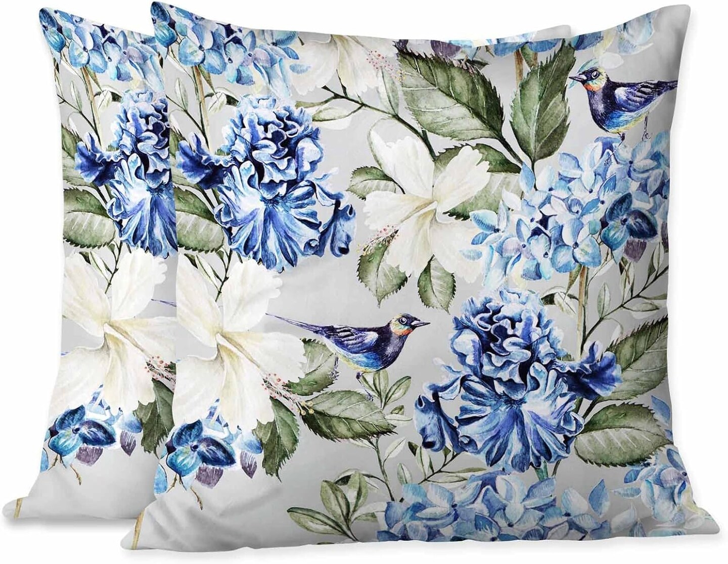 Pillow Covers Colorful Watercolor Blue Hydrangea Hibiscus Iris Leaf and Bird Spring Flowers Pattern 18X18 Inch Set of 2,Standard Square Cushion Throw Cover for Couch Bedroom Living