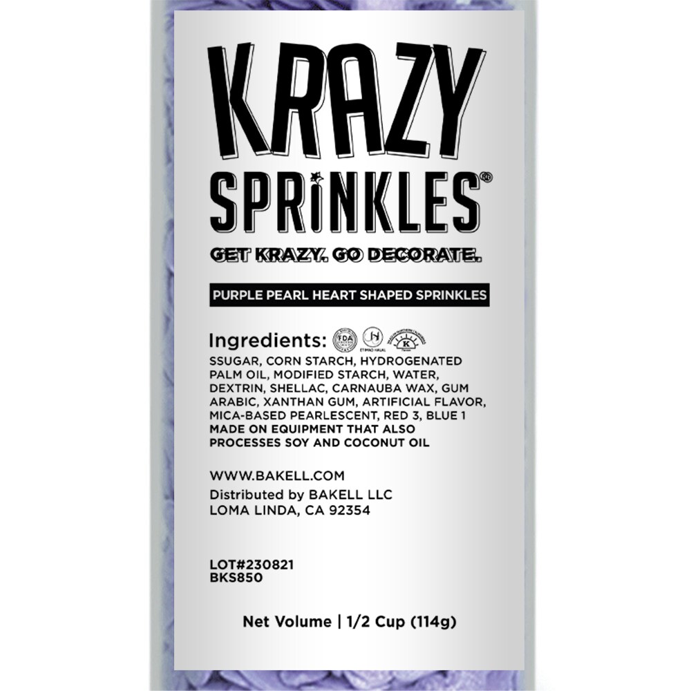 Krazy Sprinkles - Purple Pearl Hearts (1/2 Cup, 1x Jar) for Cakes, Ice Cream &#x26; Cookies