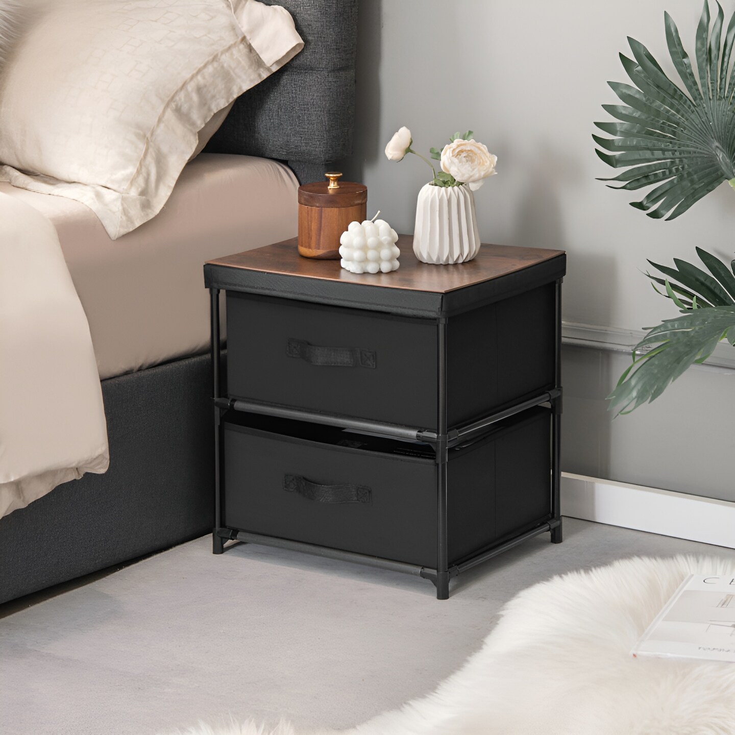 Black 2-Drawer Fabric Dresser Nightstand with Metal Frame and MDF Top 16 Inch - Set of 2