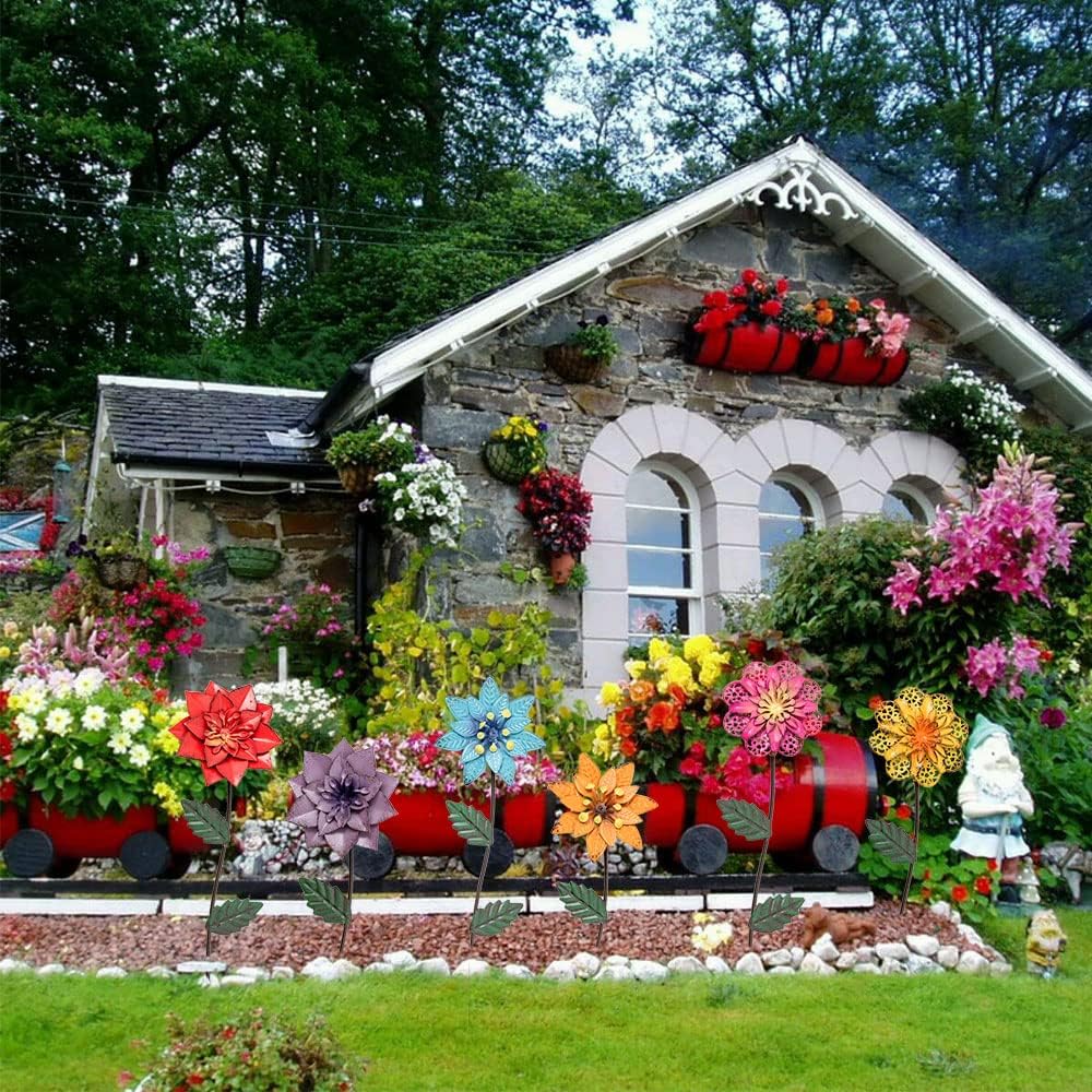 6-Pack Metal Flower Garden Stakes – Colorful Shaking Head Yard Art for Outdoor Decor