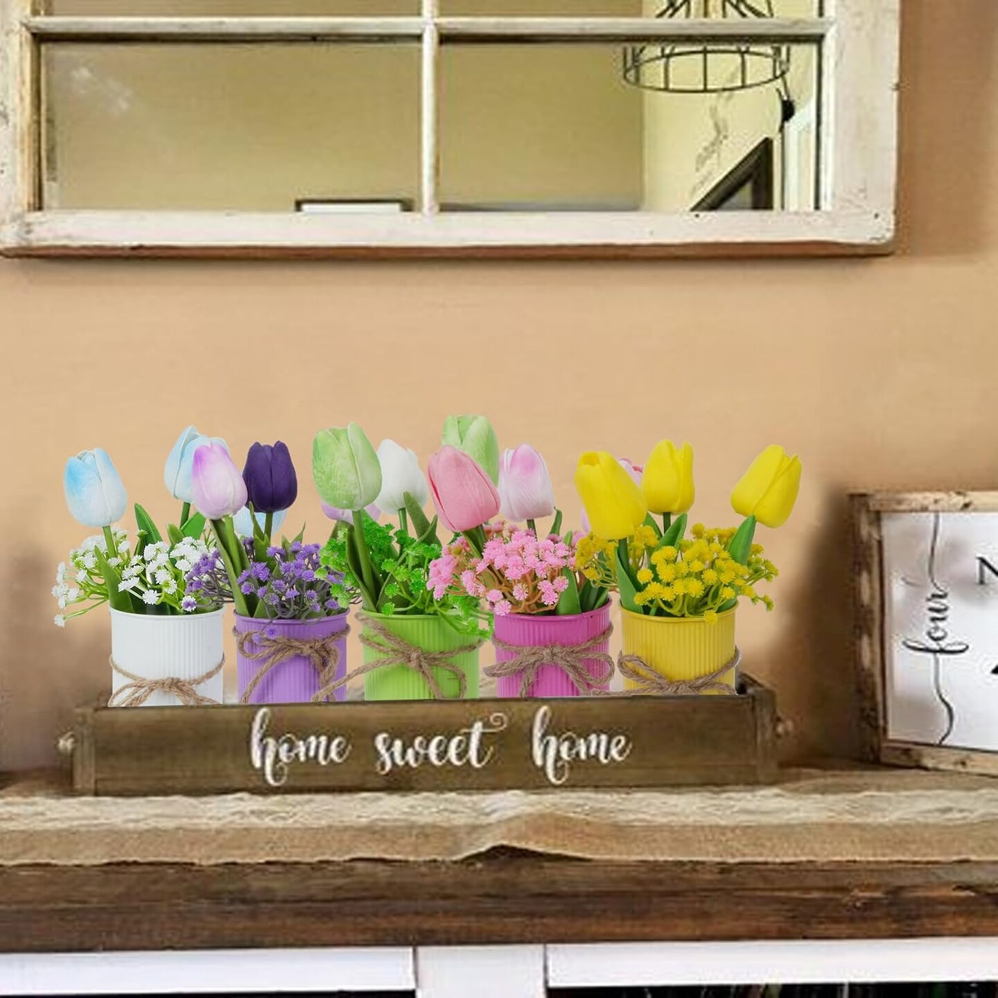 Spring Tulips Table Centerpieces 15PCS Colorful Artificial Tulip with 5 Metal Pot Fake Tulips Potted Flowers in Vase for Spring Easter Table Decor Home Office Wedding Party Bouquet Arrangement