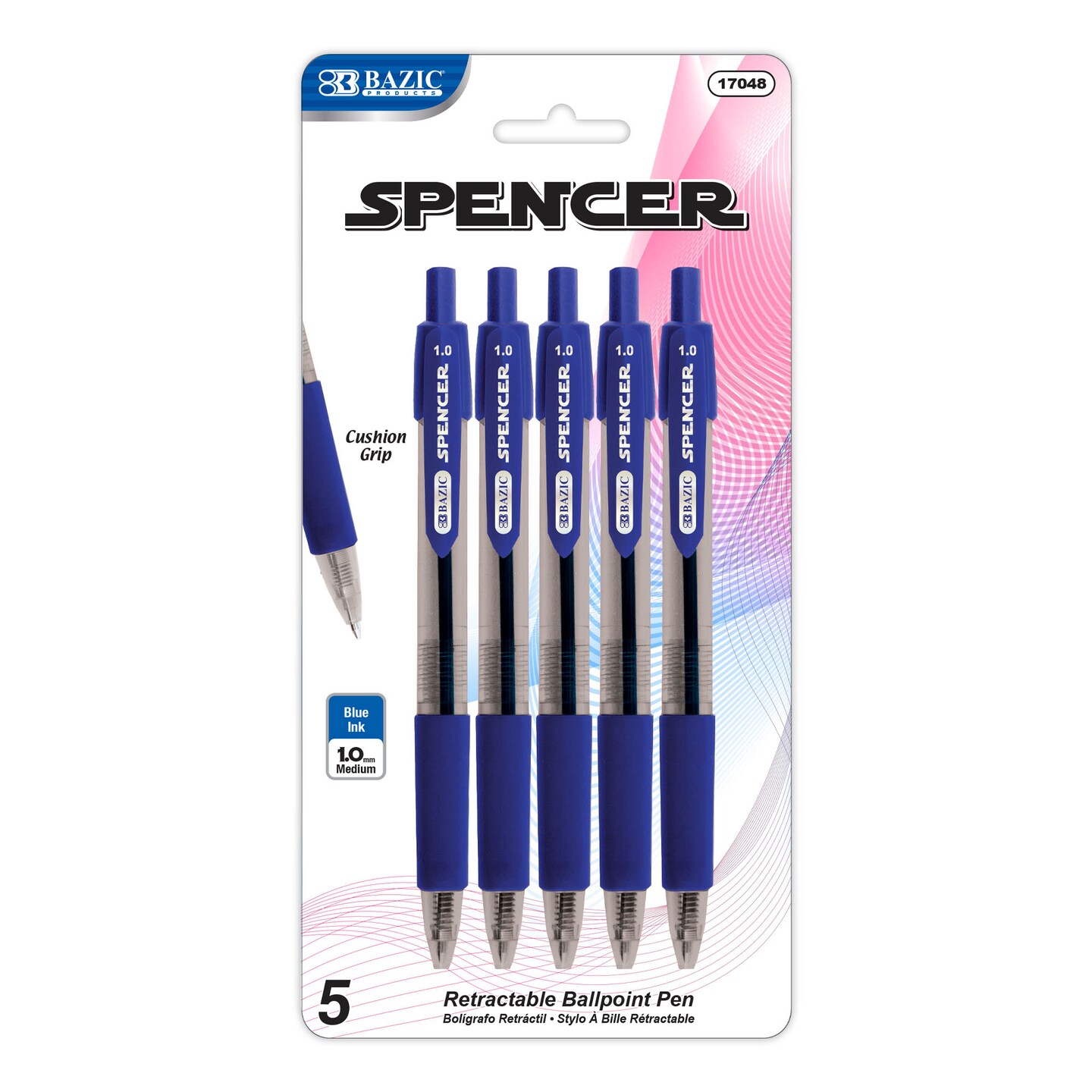 BAZIC Spencer Blue Retractable Pen w/ Cushion Grip (5/Pack)