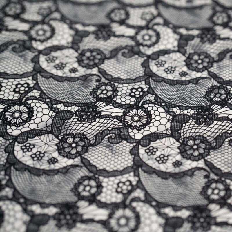 Black Paisley Lace Pattern on White Printed Spandex Fabric