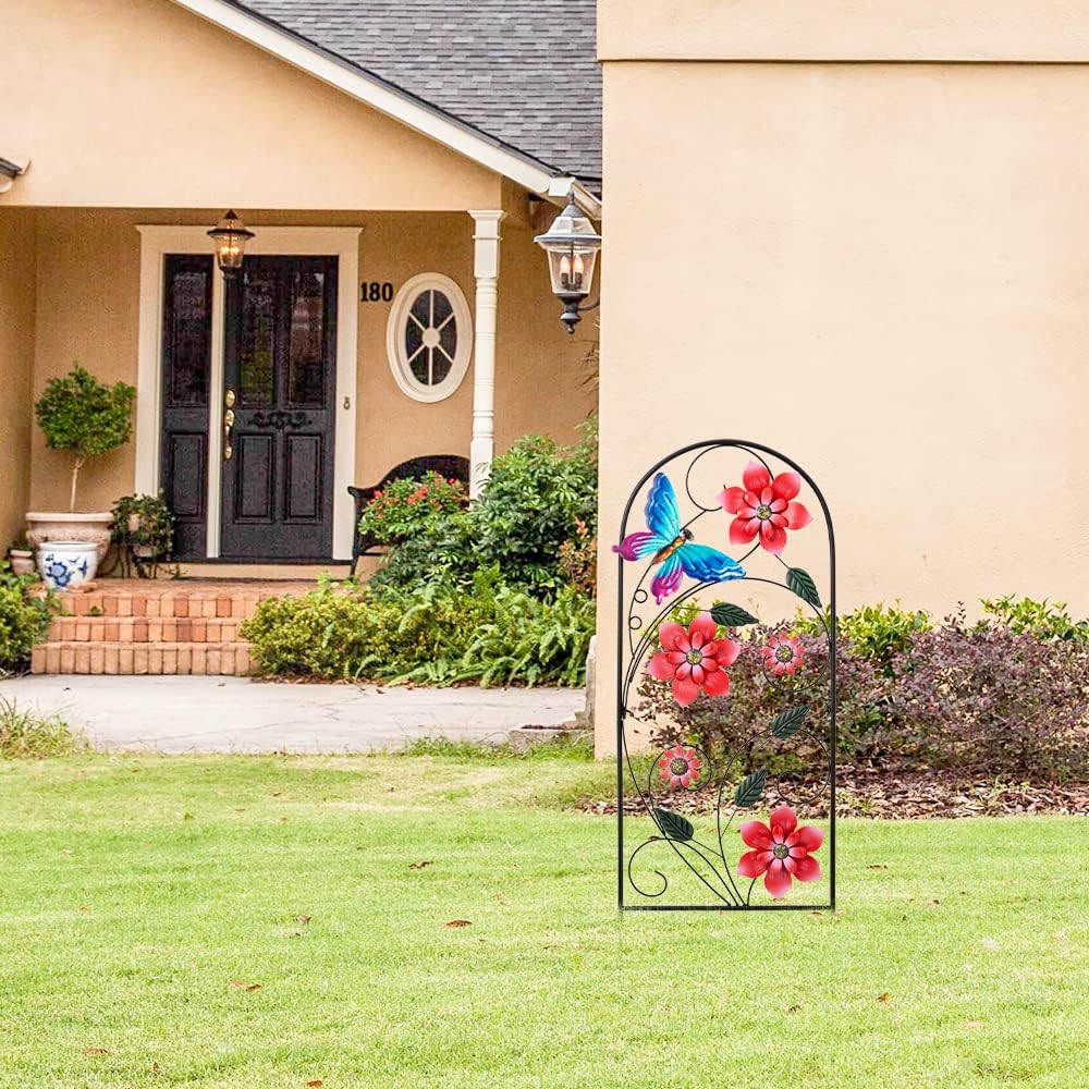 34&#x22; Metal Flower &#x26; Butterfly Garden Stake &#x2013; Decorative Outdoor Yard Art for Lawn &#x26; Patio (Red)