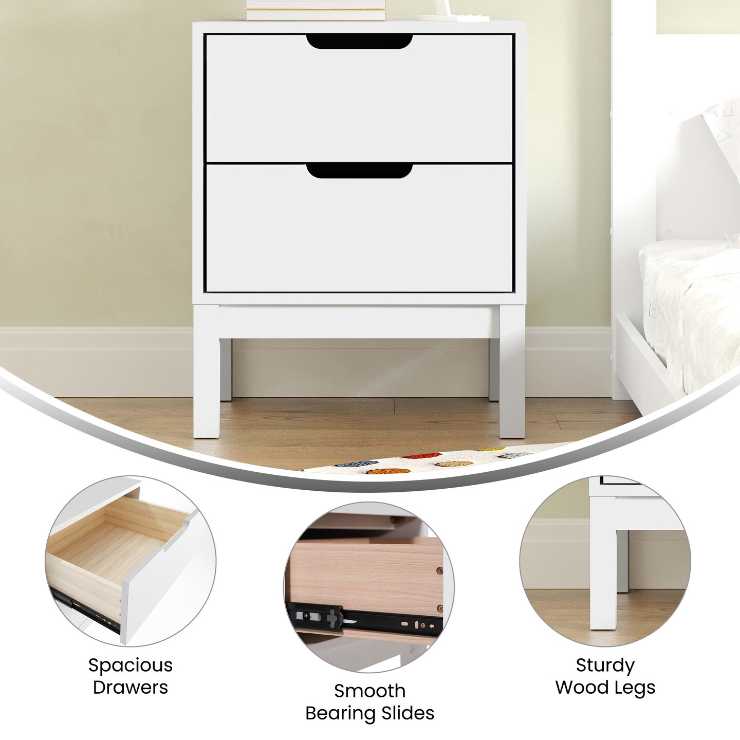 Emma and Oliver Samuel Kids Double-Drawer Night Stand with Solid Wood Frame, Side Table for Kids Bedroom