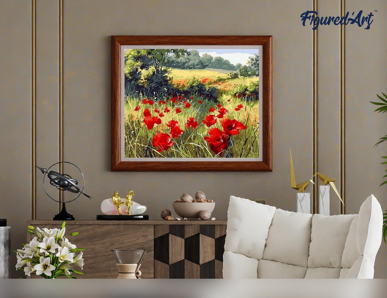 Figured&#x27;Art Paint by Numbers Kit for Adults Field of Poppies in the countryside 16&#x22;x20&#x22; - Craft Art Painting Rolled Canvas with DIY wooden frame