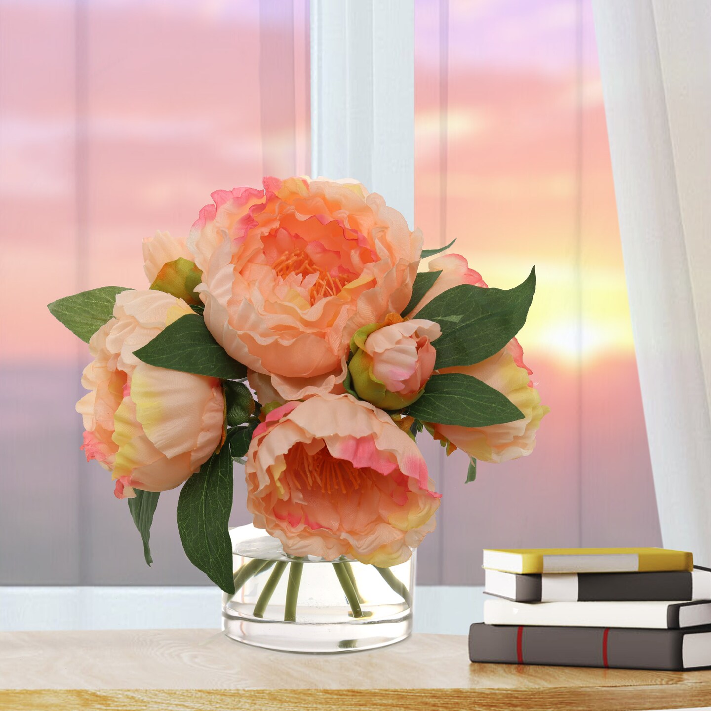 1 Piece 10&#x22; Pink Peony Flowers in Crystal Clear Glass Round Vase: Realistic Silk Blooms &#x26; Foliage, Office &#x26; Home Decor