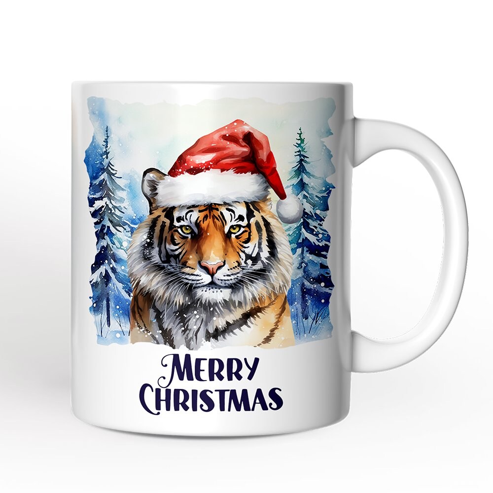 Tiger with Santa Hat Mug, Winter Forest Christmas Gift