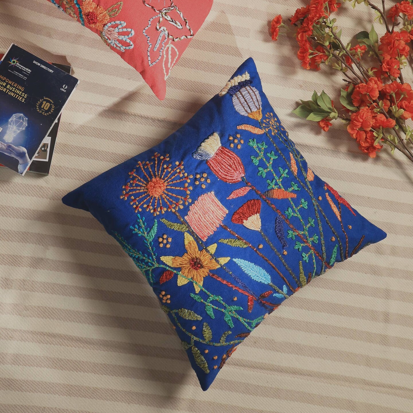 Decorative Cotton Blue Embroidered Throw Pillow - 18&#x22; X 18&#x22;