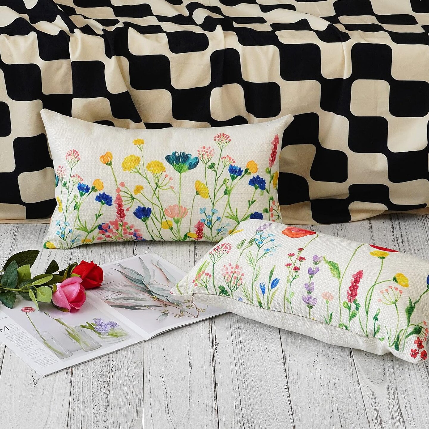 Spring Lumbar Pillow Covers 12x20 Floral Flowers Decorations Farmhouse Colorful Outdoor Living Room Cushion Case for Sofa Couch Home Bed Pack of 2