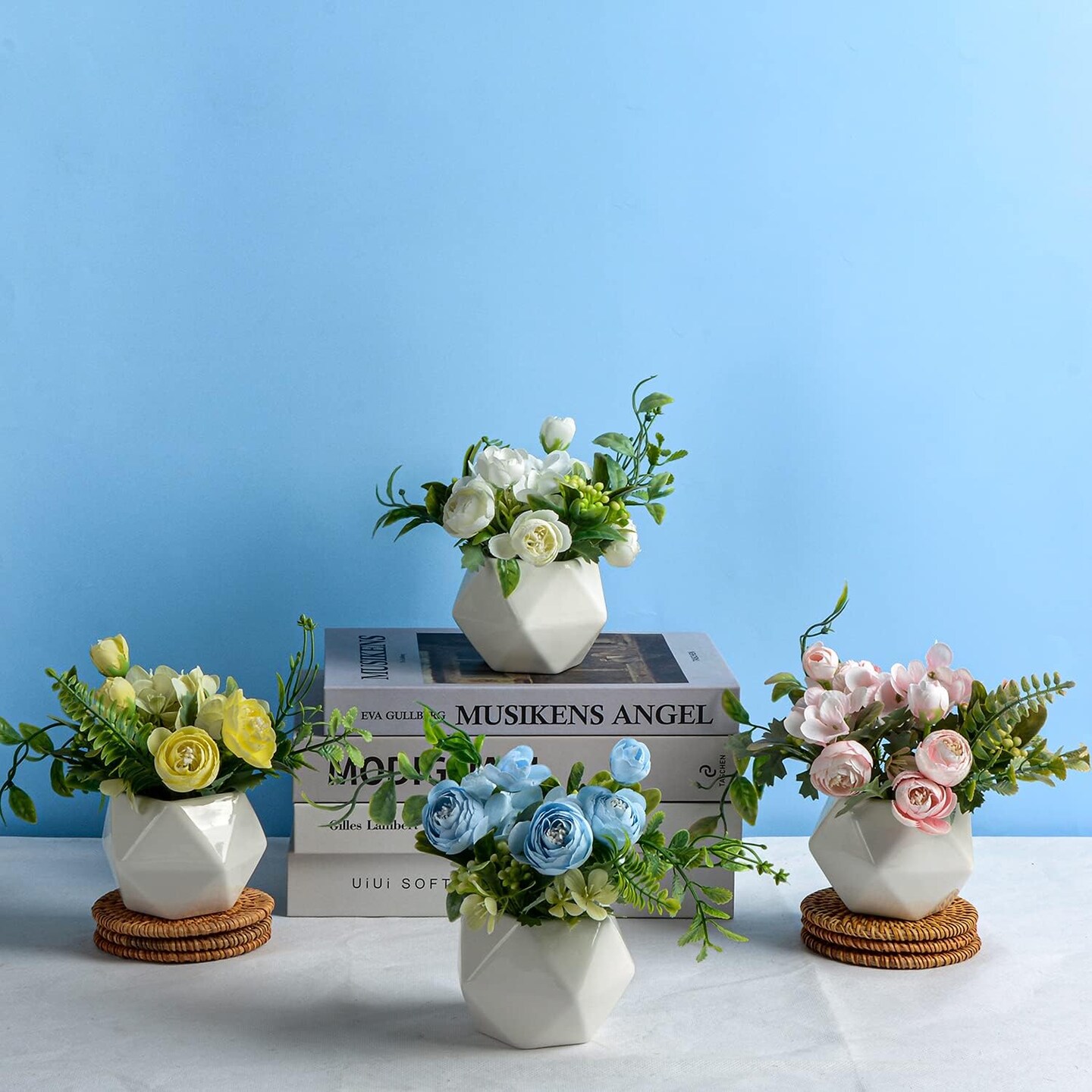 Set of 4 Mini Artificial Camellia Flowers – Faux Silk Flowers in Ceramic Vase for Home & Event Décor