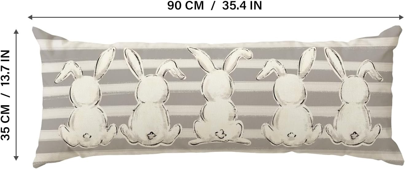 Gray Striped Bunny Easter Lumbar Pillow Cover &#x2013; 14&#x22; x 36&#x22; Long Body Pillow Case for Bed, Sofa &#x26; Bench