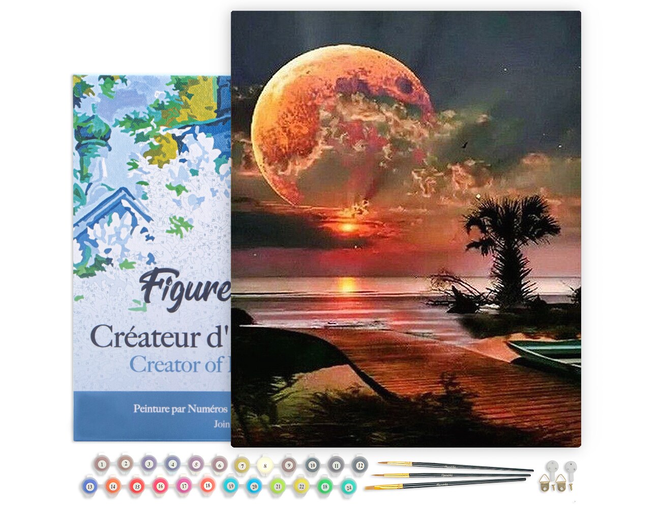 Figured'Art Paint by Numbers for Adults with Frame Full Moon and beach front 16"x20" - Craft Art Painting DIY Kit Canvas Already Stretched on a Wooden Frame