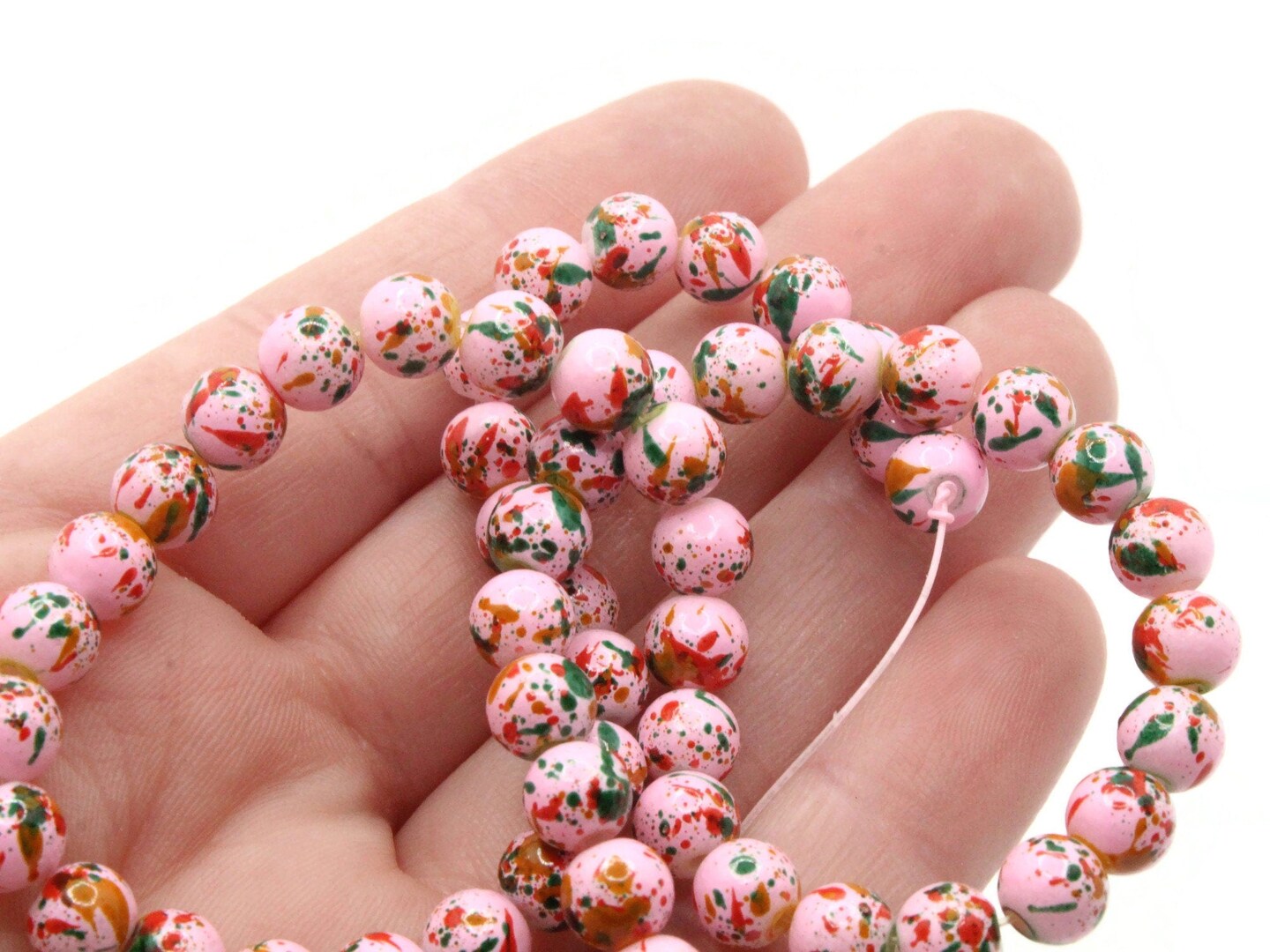 68 6mm Pink Red and Green Splatter Paint Round Glass Beads