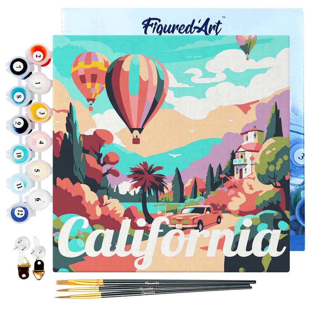 Figured'Art Mini Paint by Numbers Kit for Adults with Frame Travel Poster California Balloons Small format 8"x8" - Craft Art Painting DIY Canvas Already Stretched on a Wooden Frame