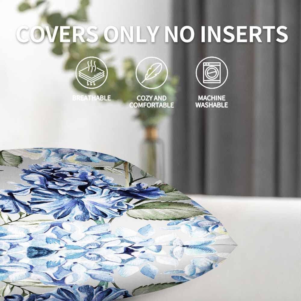 Pillow Covers Colorful Watercolor Blue Hydrangea Hibiscus Iris Leaf and Bird Spring Flowers Pattern 18X18 Inch Set of 2,Standard Square Cushion Throw Cover for Couch Bedroom Living