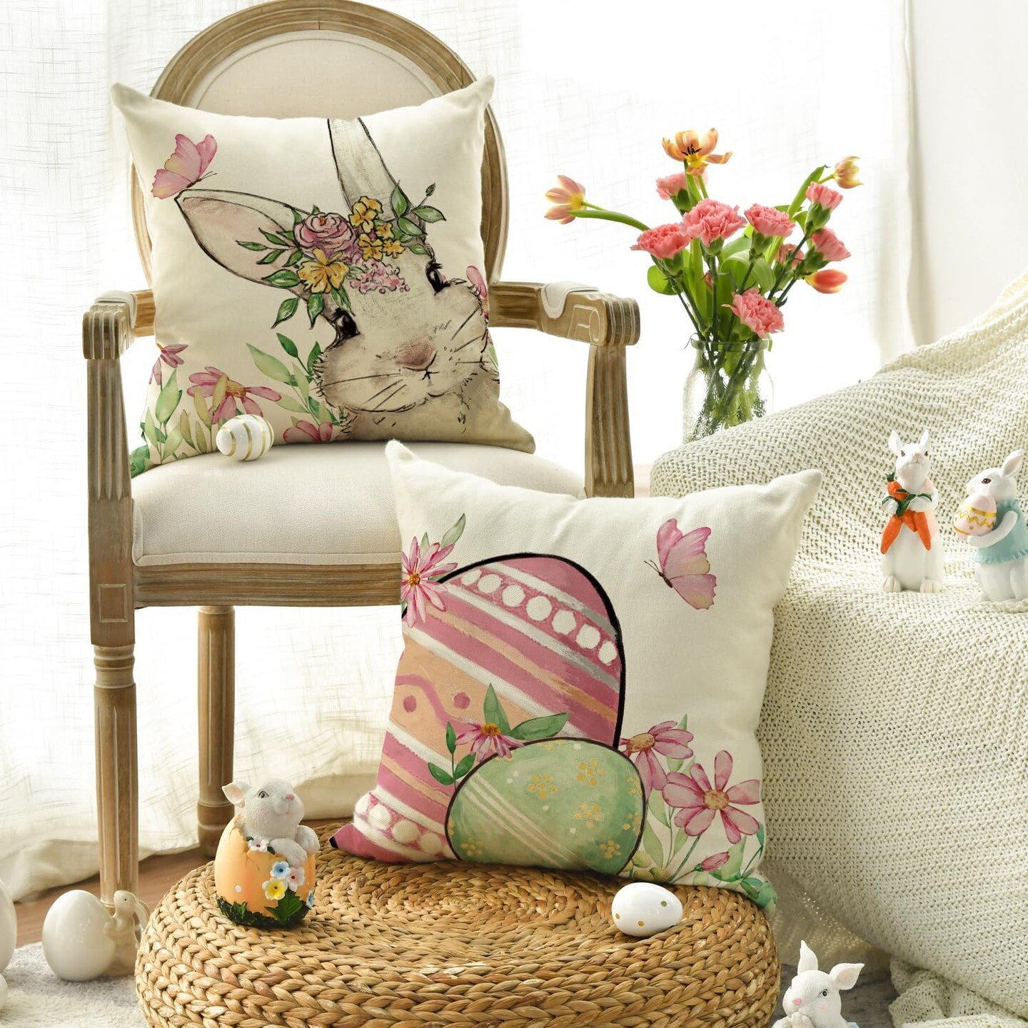 Set of 4 Happy Easter &#x22;Hunny Bunny&#x22; Green Throw Pillow Covers &#x2013; 18&#x22; x 18&#x22; Spring Cushion Cases for Sofa &#x26; Couch
