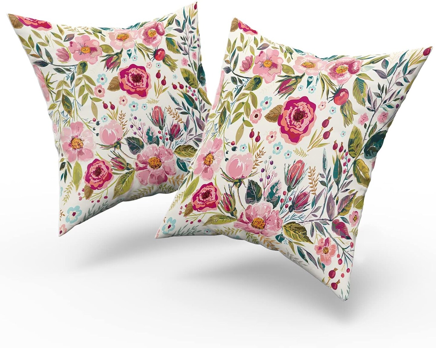 Summer Flower Throw Pillow Covers 18X18 Inch Watercolor Peony Pillowcase Hot Pink Floras With Green Leaves Girly Decorative Square Cotton Cushion Cover Set Of 2 For Home Garden Outdoor Bed Decorations