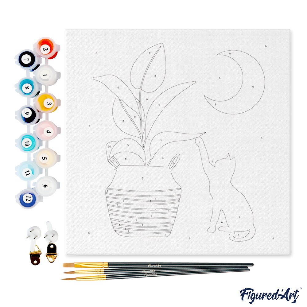 Figured&#x27;Art Mini Paint by Numbers Kit for Adults with Frame Cat plays with plant in the moonlight Small format 8&#x22;x8&#x22; - Craft Art Painting DIY Canvas Already Stretched on a Wooden Frame