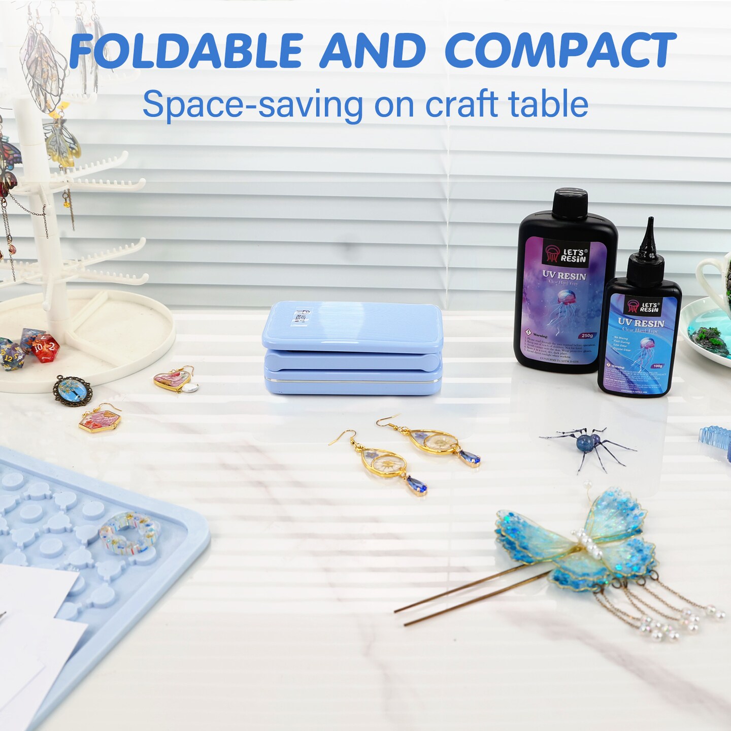 LET'S RESIN Portable Cordless UV Lamp, Rechargeable UV Light with Foldable & Adjustable Height, Large Curing Area, 4H Battery Life, 20min Curing for Molds, Jewelry Making UV Resin Curing Tool