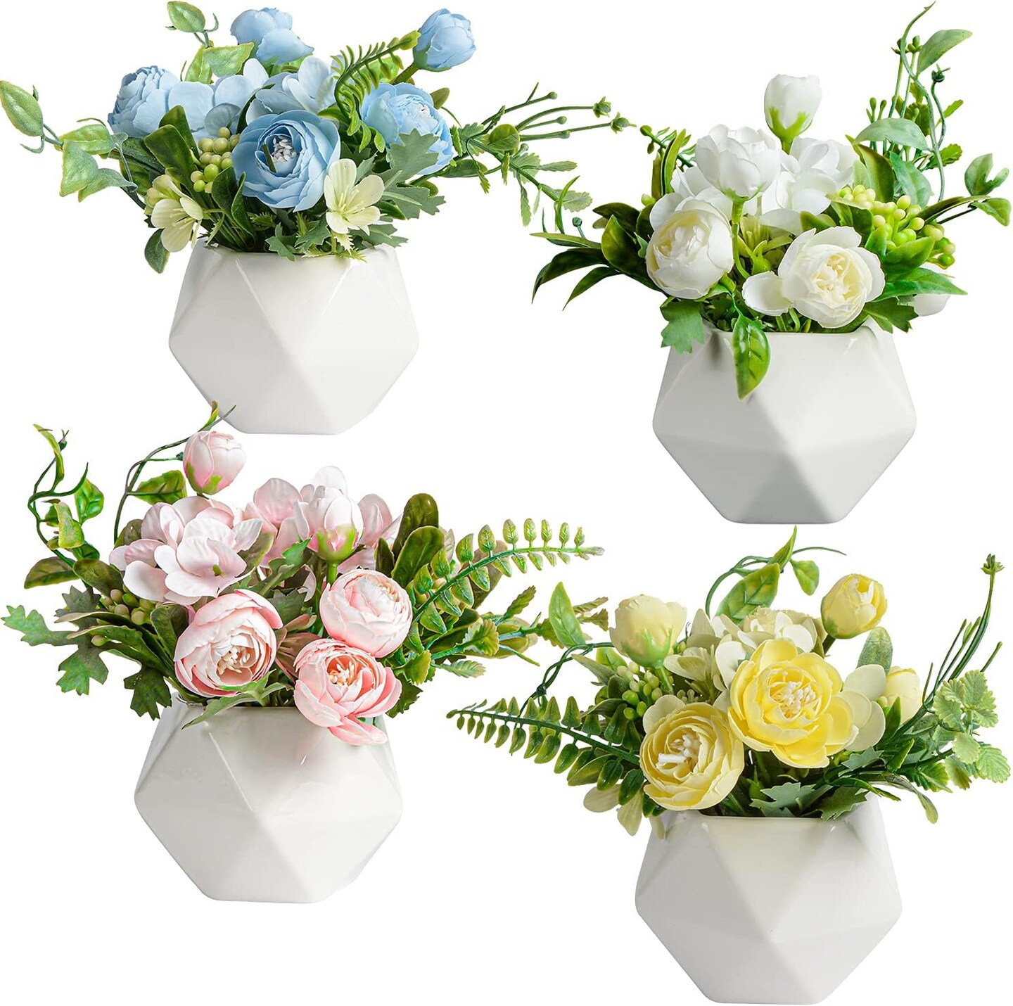 Set of 4 Mini Artificial Camellia Flowers – Faux Silk Flowers in Ceramic Vase for Home & Event Décor