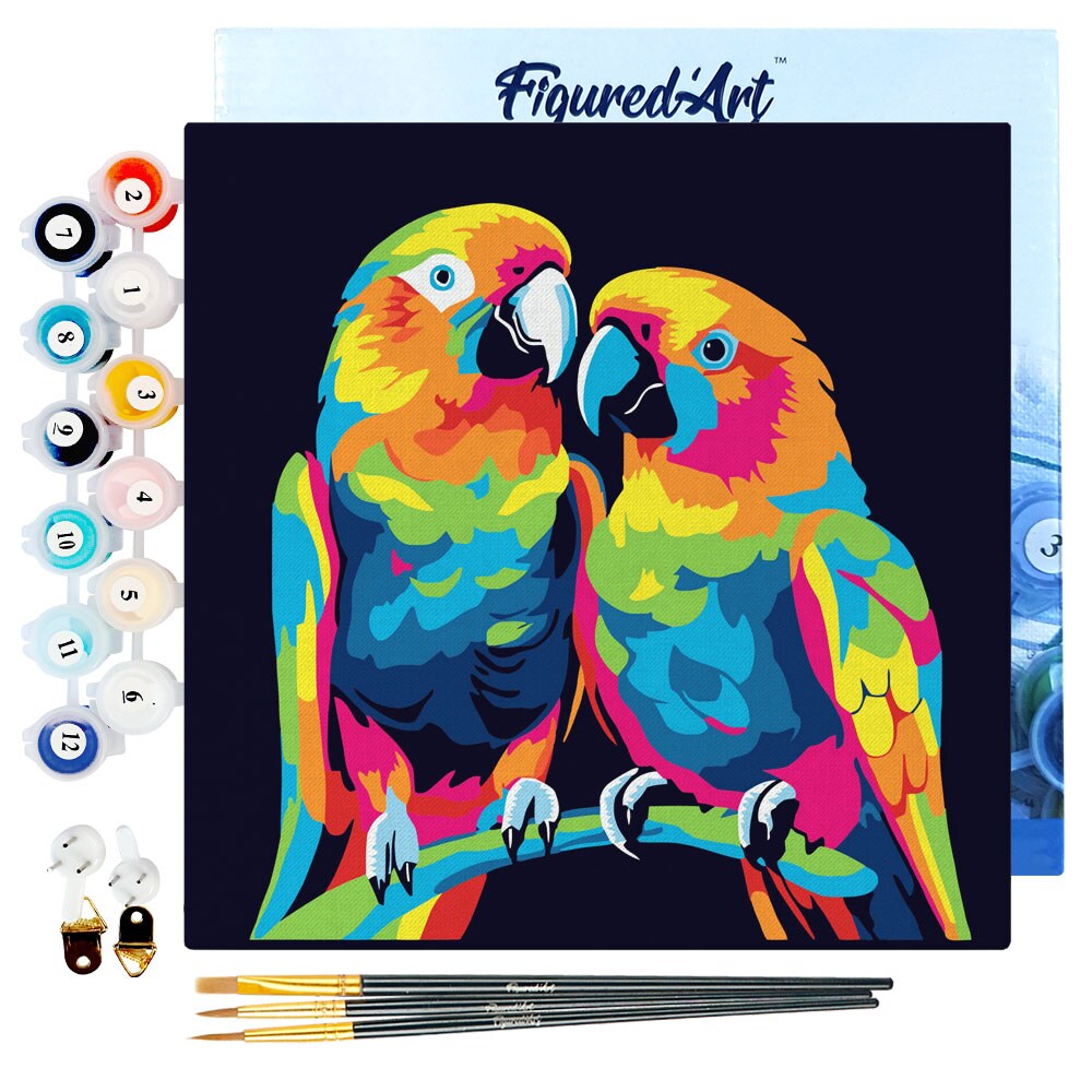 Figured'Art Mini Paint by Numbers Kit for Adults with Frame Parrots Abstract Pop Art Small format 8"x8" - Craft Art Painting DIY Canvas Already Stretched on a Wooden Frame